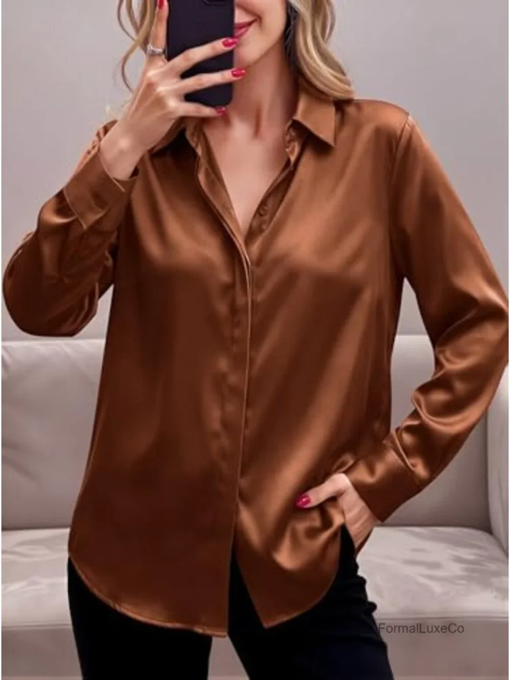 Satin Button Down Shirt Long Sleeve Silk Blouse Dressy Work Tunic Top